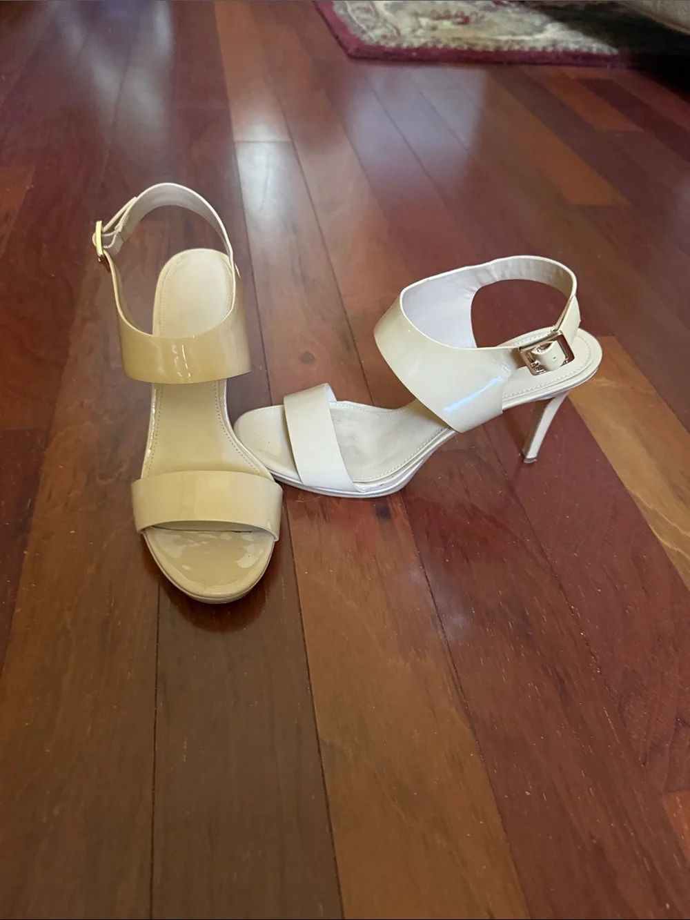Michael Kors Patent Leather Open-Toe Ankle-Strap Heels in Cream